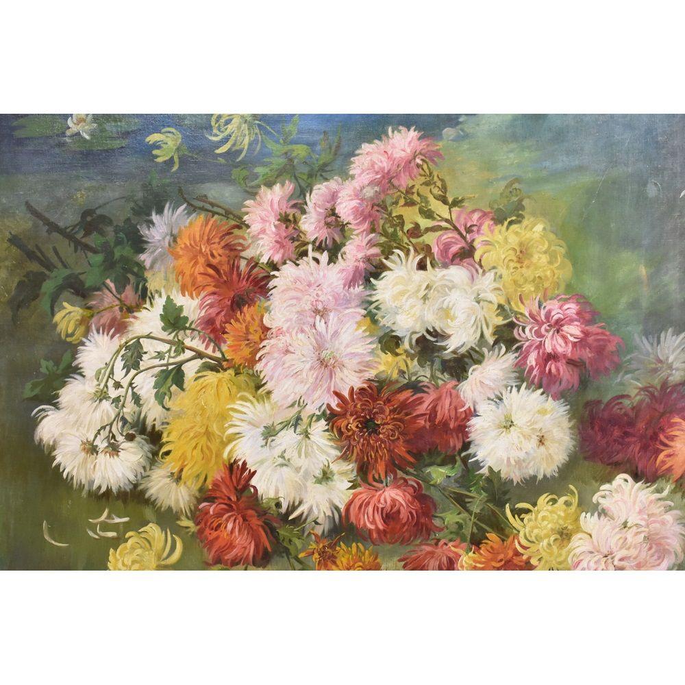 Antique floral paintings, flowers artwork, large oil painting on canvas  which represents Peonies With a Waterlilies.
Beautifull paintings of red, rose and white, peonies and waterlilies. It also has a wood frame realised in the 1800s.

The work