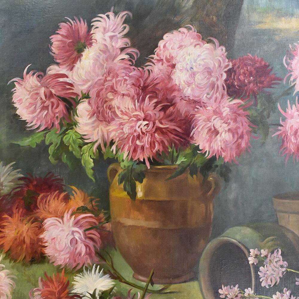 Painted Flower Painting, Peonies and Waterlilies, Flower Art, Oil on Canvas, 19th C.