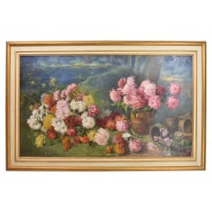 Antique Flower Painting, Peonies and Waterlilies, Flower Art, Oil on Canvas, 19th C.