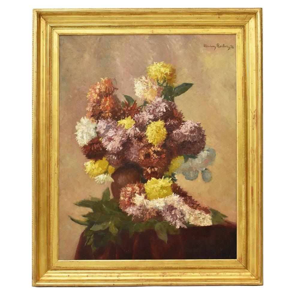 Flower painting, Peonies flower art, antique oil painting,  19th Century. For Sale
