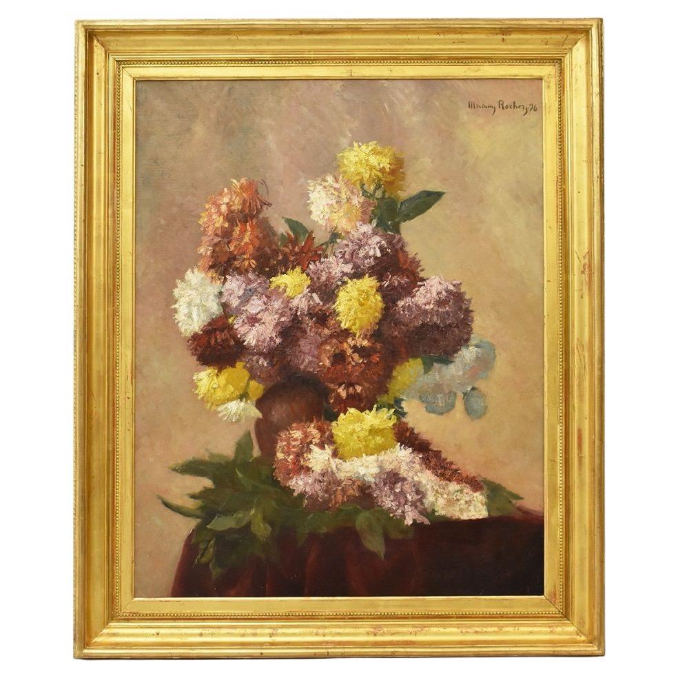 Flower painting, Peonies flower art, antique oil on canvas, XIX Century.