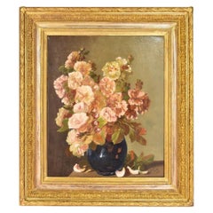 Flower Painting, Roses Flowers, Oil on Canvas, 19th Century