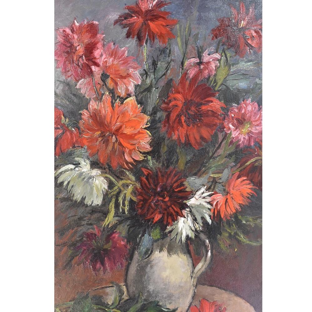 Flowers artwork, Art Déco, oil painting, floral vase painting which represents white and red Dahlias. 
It also has a golden frame realised in the 1900s.

The oil on canvas painting dates back to the twentieth Century and it takes part of