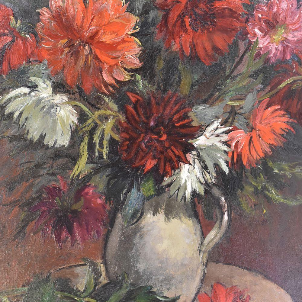 Art Deco Flower Painting, White and Red Dahlias, Oil on Canvas, 20th Century, Art Déco For Sale