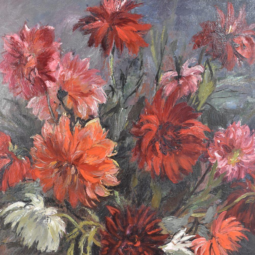 French Flower Painting, White and Red Dahlias, Oil on Canvas, 20th Century, Art Déco For Sale