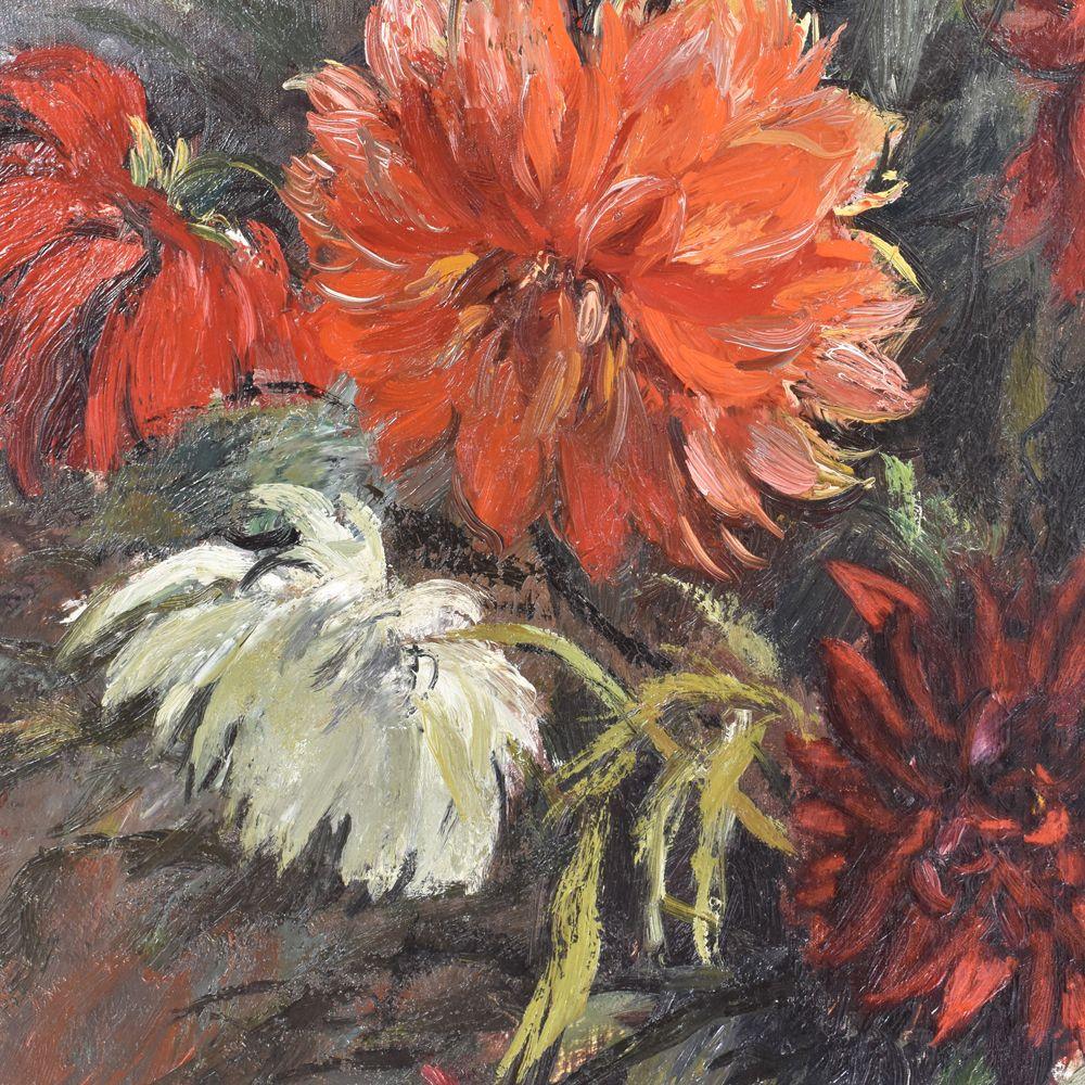 Painted Flower Painting, White and Red Dahlias, Oil on Canvas, 20th Century, Art Déco For Sale