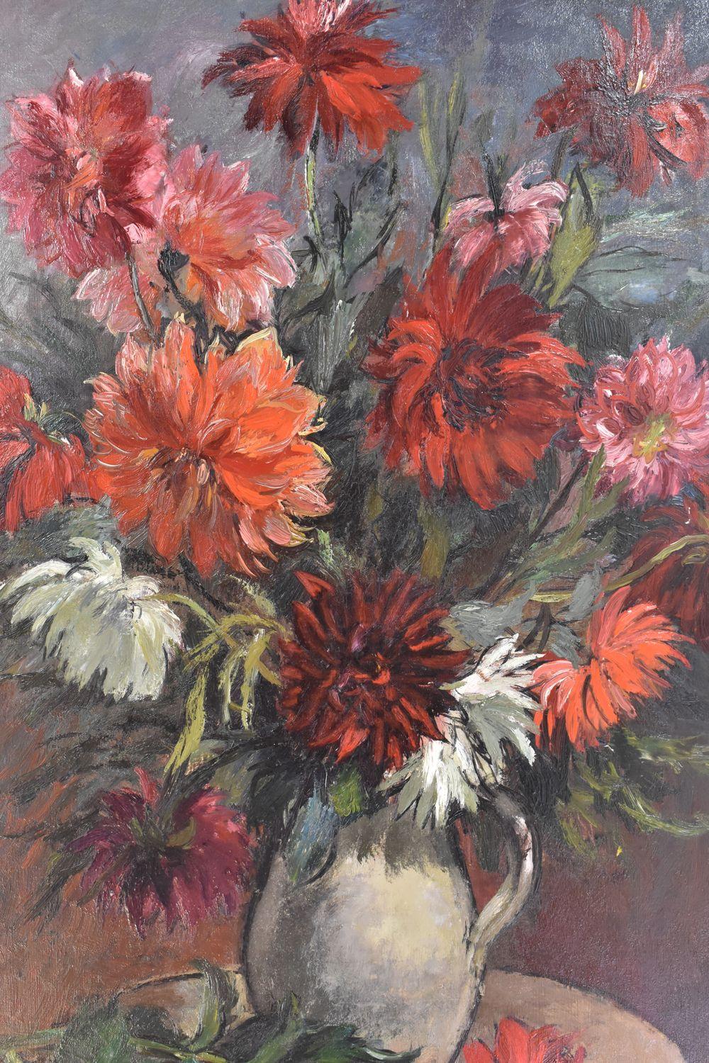 Flower Painting, White and Red Dahlias, Oil on Canvas, 20th Century, Art Déco For Sale 1