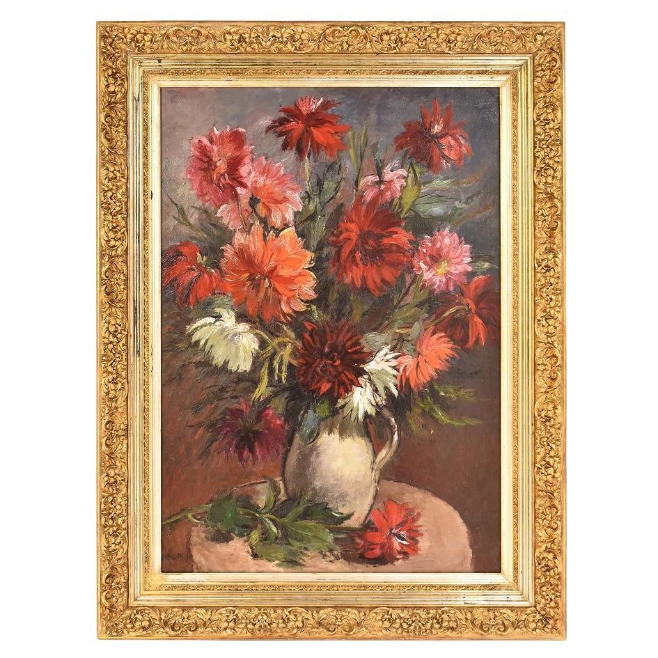 Flower Painting, White and Red Dahlias, Oil on Canvas, 20th Century, Art Déco For Sale