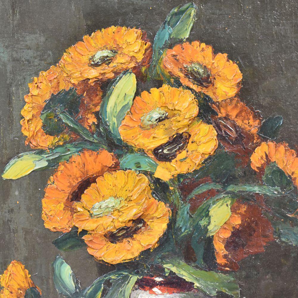 Art Deco Flower Painting, Yellow Daisies Painting, Oil on Canvas, 20th Century, Art Déco For Sale