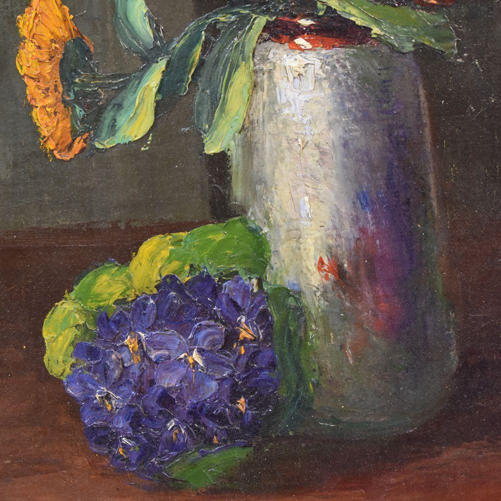 Européen Peinture de fleurs, peinture de marguerites jaunes, huile sur toile, 20e siècle, Art Dco en vente