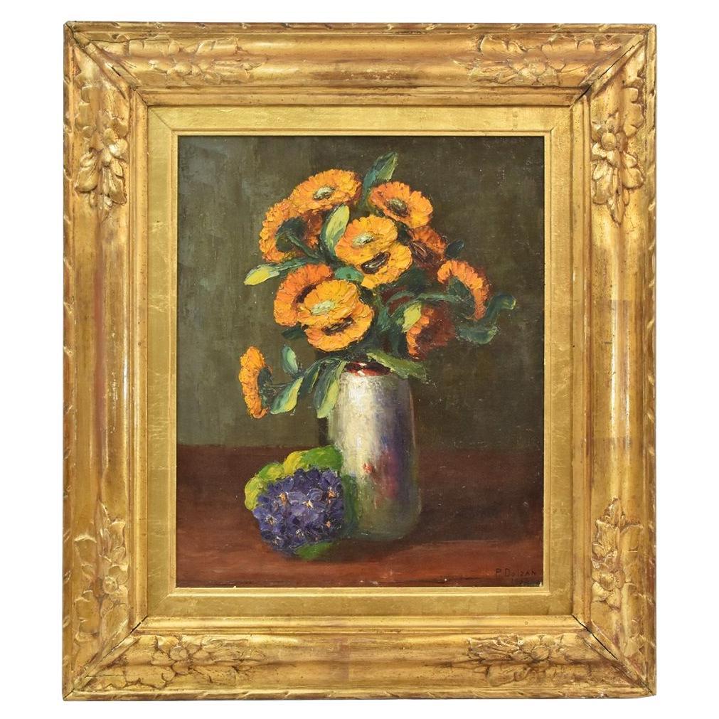 Flower Painting, Yellow Daisies Painting, Oil on Canvas, 20th Century, Art Déco For Sale