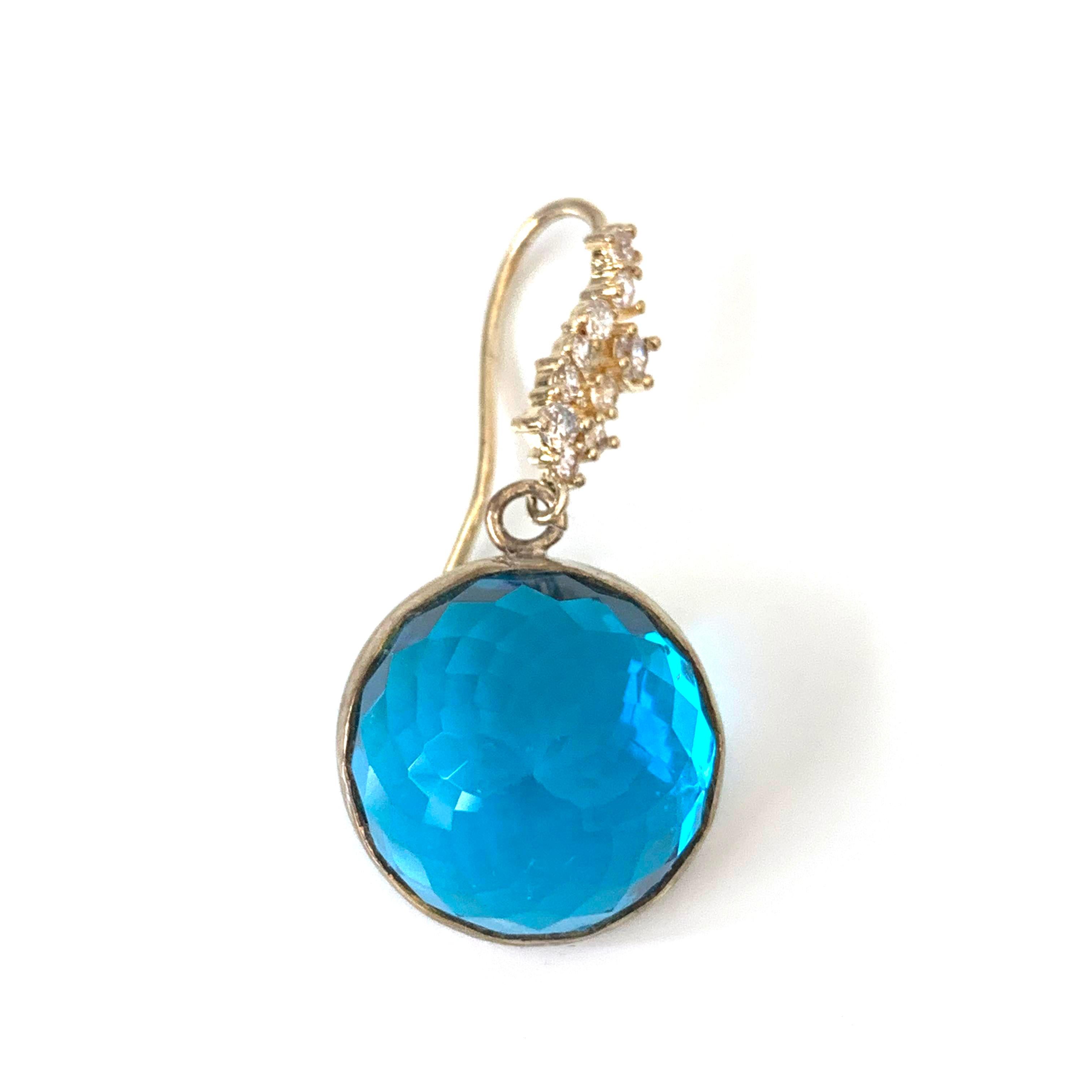 Women's Flower pattern facet round blue quartz sterling silver hook earrings For Sale