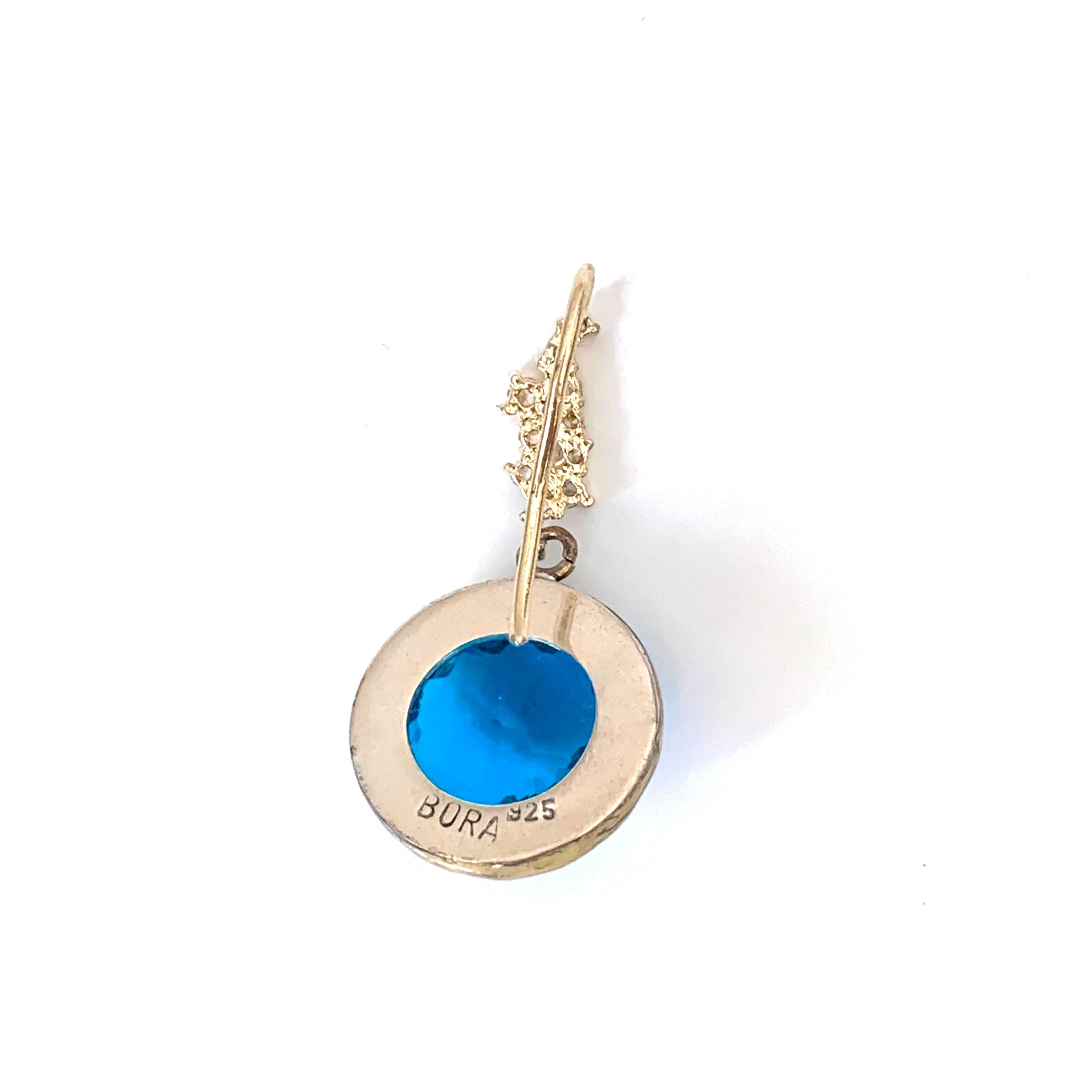 Flower pattern facet round blue quartz sterling silver hook earrings For Sale 1