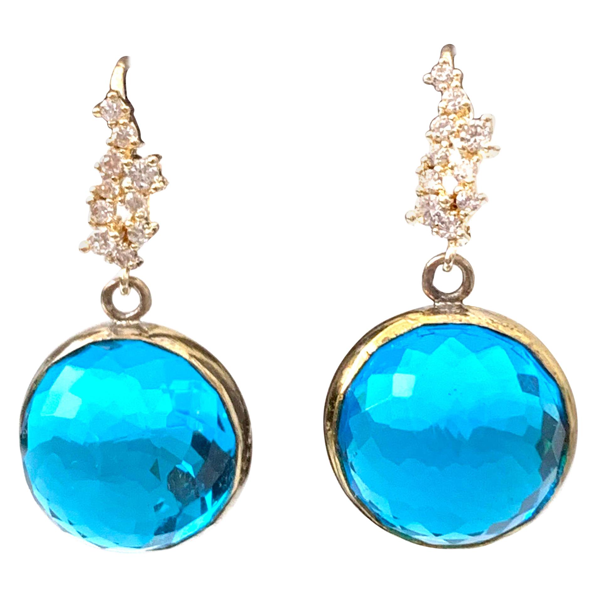 Flower pattern facet round blue quartz sterling silver hook earrings
