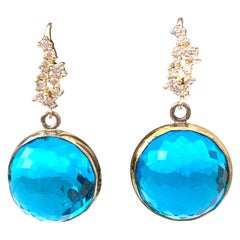 Flower pattern facet round blue quartz sterling silver hook earrings