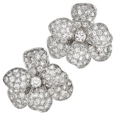 Flower Pave Diamond 18K White Gold Sparkly Clip-On Earrings