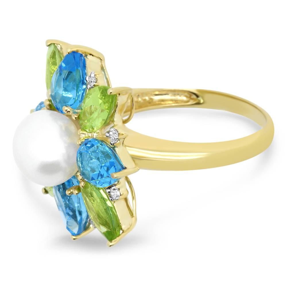 Material: 14k Yellow Gold 
Pearl Details: 1 Pearl at 9.0 Carats
Mounting Details: 4 Marquise Shaped Peridot at 2.32 Carats, 4 Pear Shaped Blue Topaz at 3.83 Carats, 8 Round Diamonds at 0.12 Carats Clarity: SI / Color: H-I
Ring Size:  7 (can be