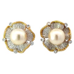 Flower Pearl Diamond Clip on Earrings 2 Tone 18K Gold