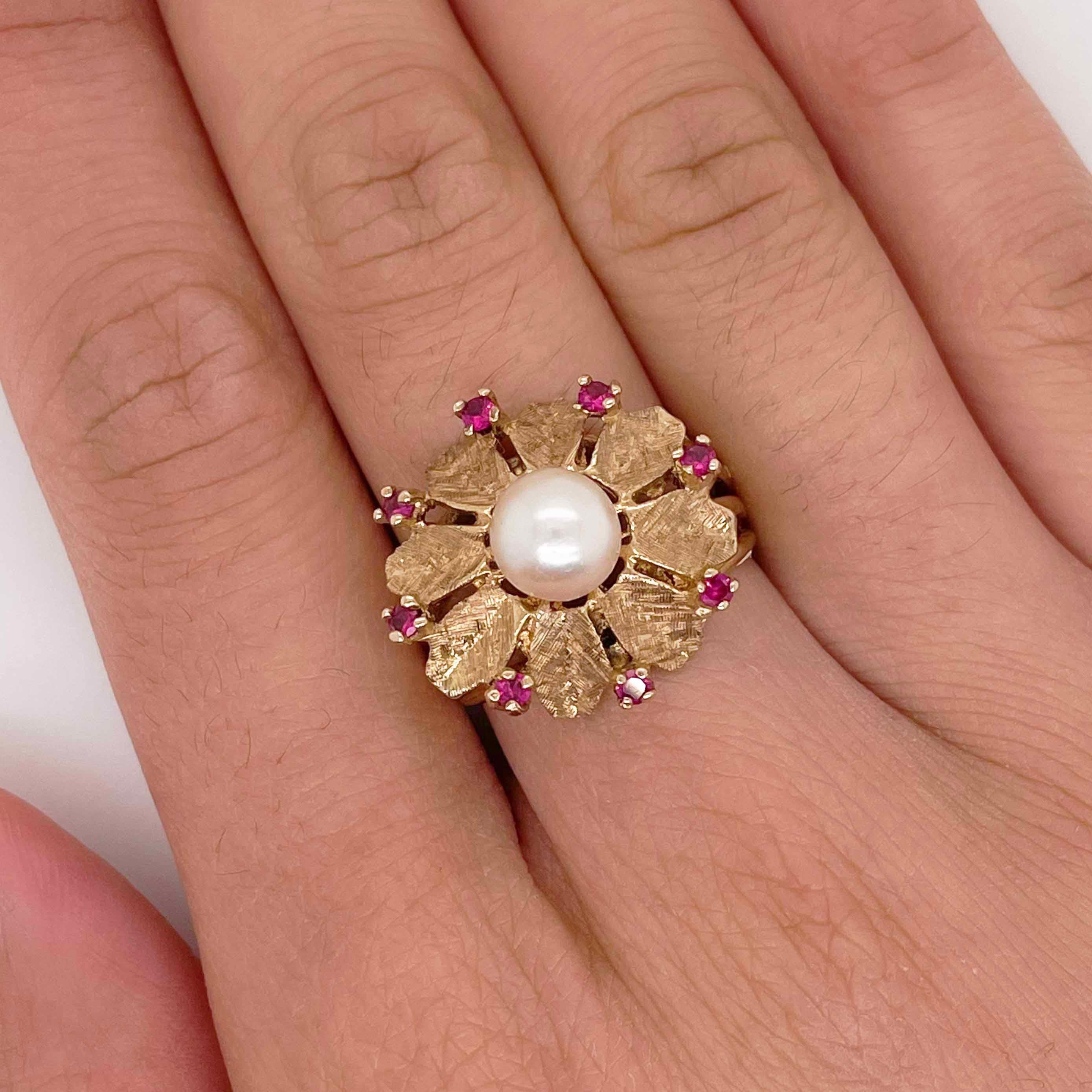 Contemporary Flower Pearl Ruby Ring, Yellow Gold, Estate Statement Ring Pearl Flower For Sale