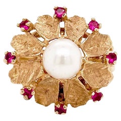 Flower Pearl Ruby Ring, Yellow Gold, Estate Statement Ring Pearl Flower