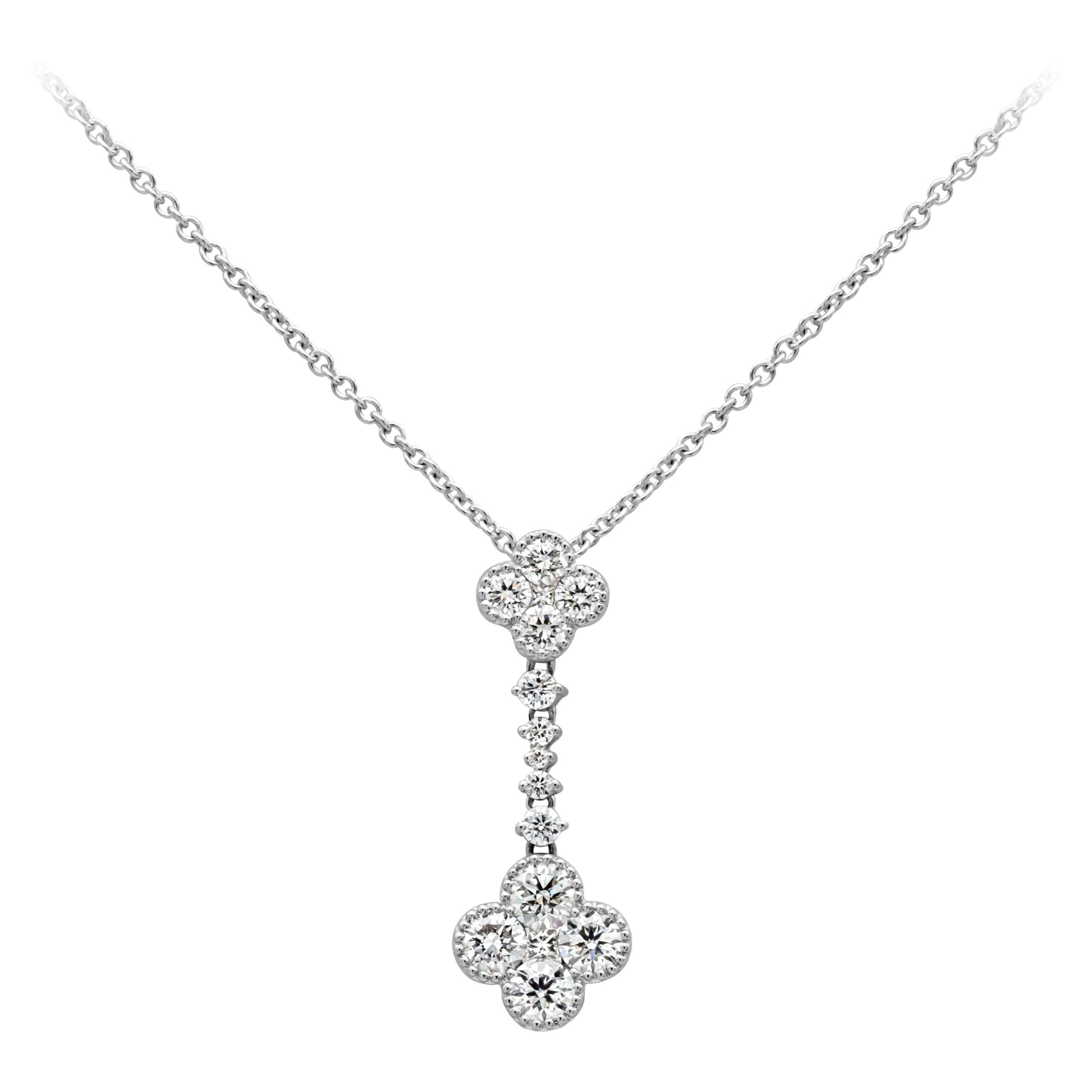Flower Pendant Necklace 0.98 Carats Total Round Cut Diamond Drop