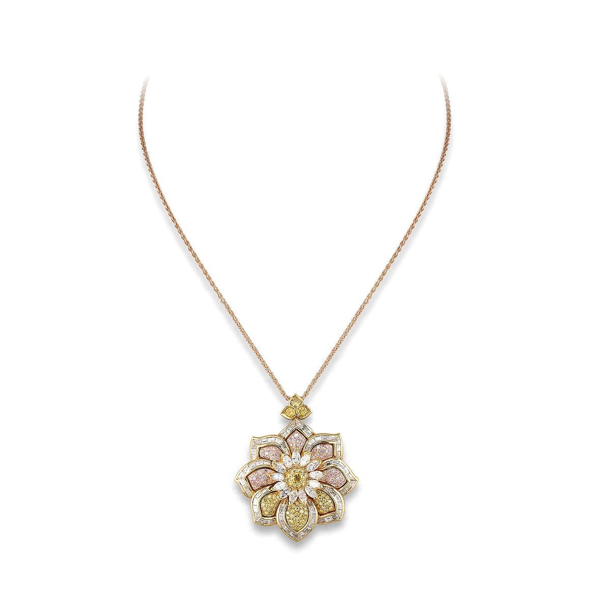 Pendant in 18kt yellow gold set with marquise and tapers cut diamonds 9.28 cts, Fancy Vivid yellow diamonds 2.04 cts and Fancy Intense pink diamonds 0.83 cts   