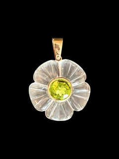 Flower Pendant : Rock Crystal, Peridot & 14k Gold