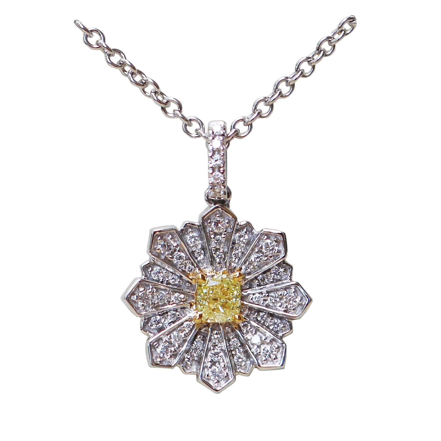 Flower Pendant with a 0.24 Carat Yellow Diamond and 0.24 Carat of White Diamond