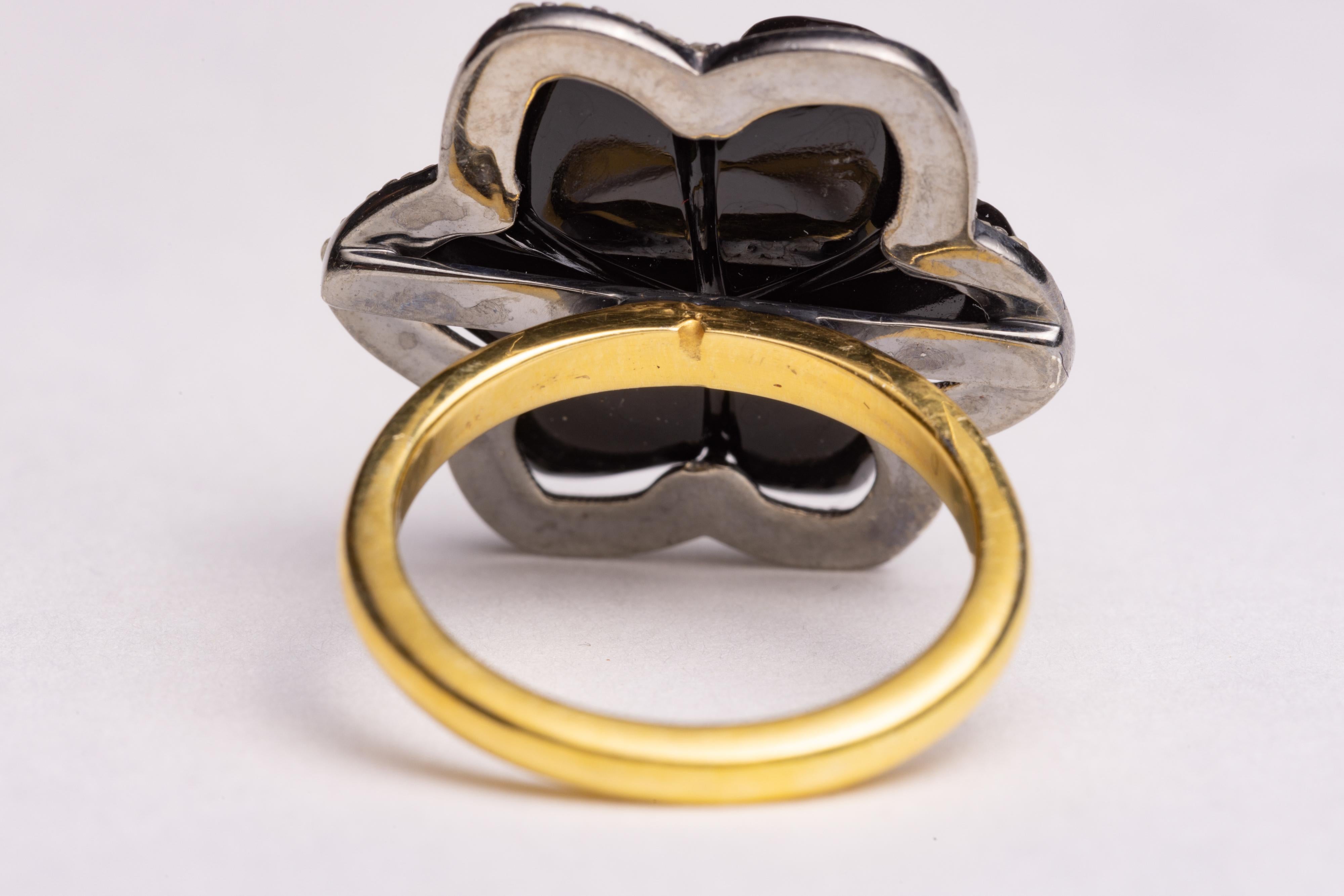 Flower Petal Ring in Black Onyx, Tanzanite and Diamonds In Excellent Condition For Sale In Nantucket, MA