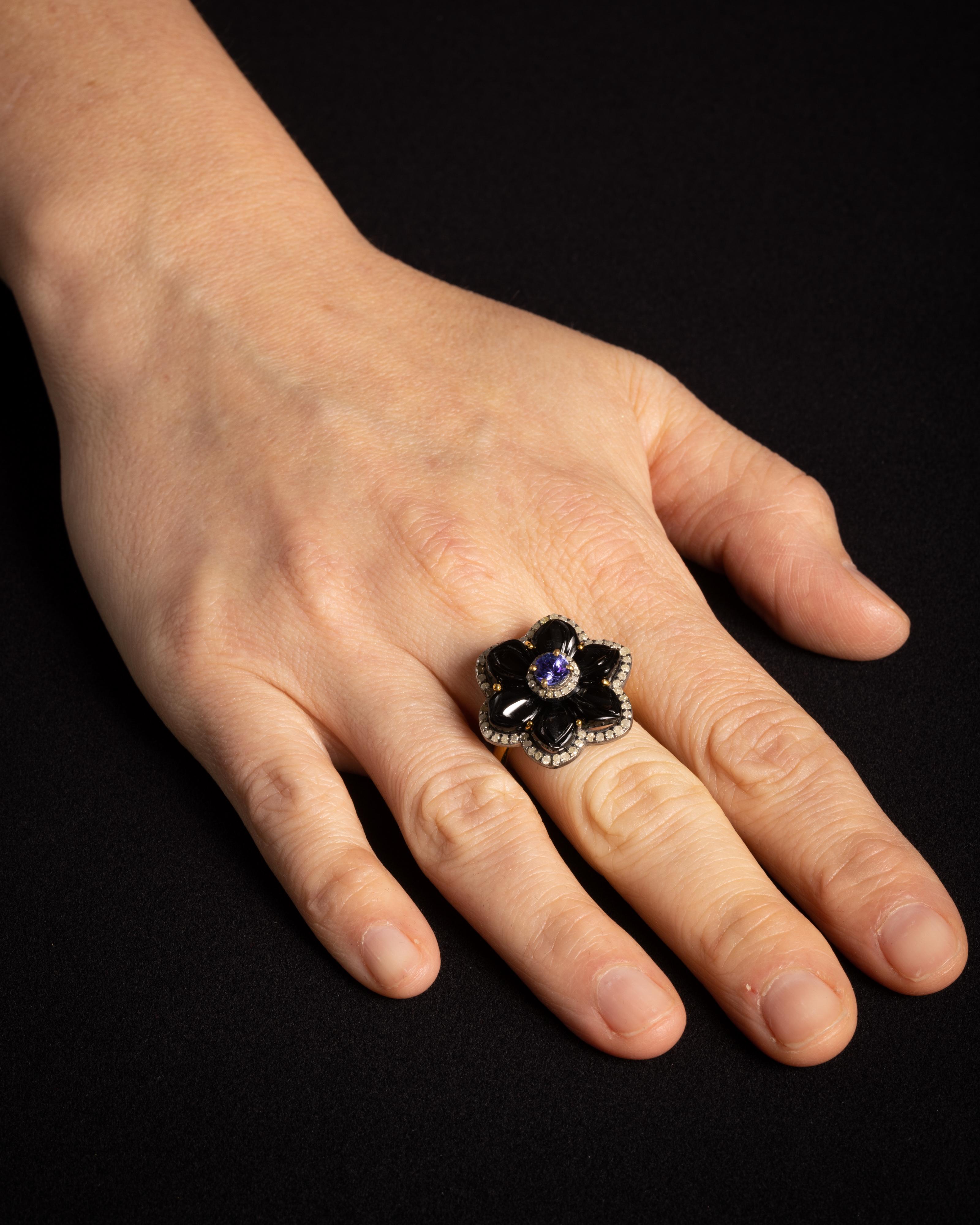 Men's Flower Petal Ring in Black Onyx, Tanzanite and Diamonds For Sale