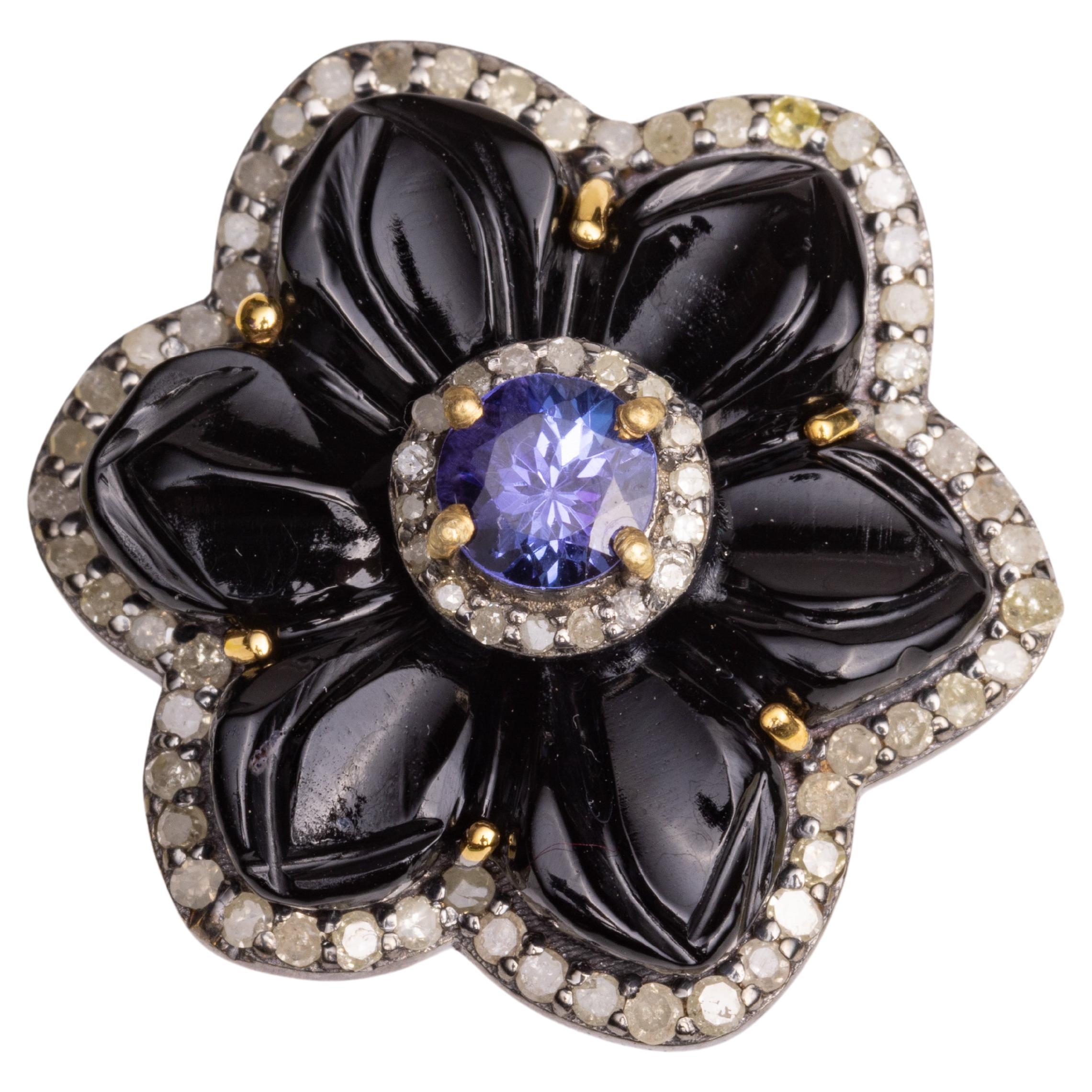 Flower Petal Ring in Black Onyx, Tanzanite and Diamonds For Sale