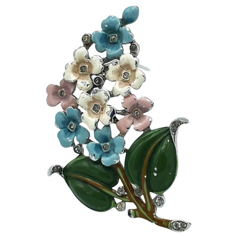 Broche Vintage Bouquet Fleuri - Métal Nickelé Et Strass Bleu, Occasion
