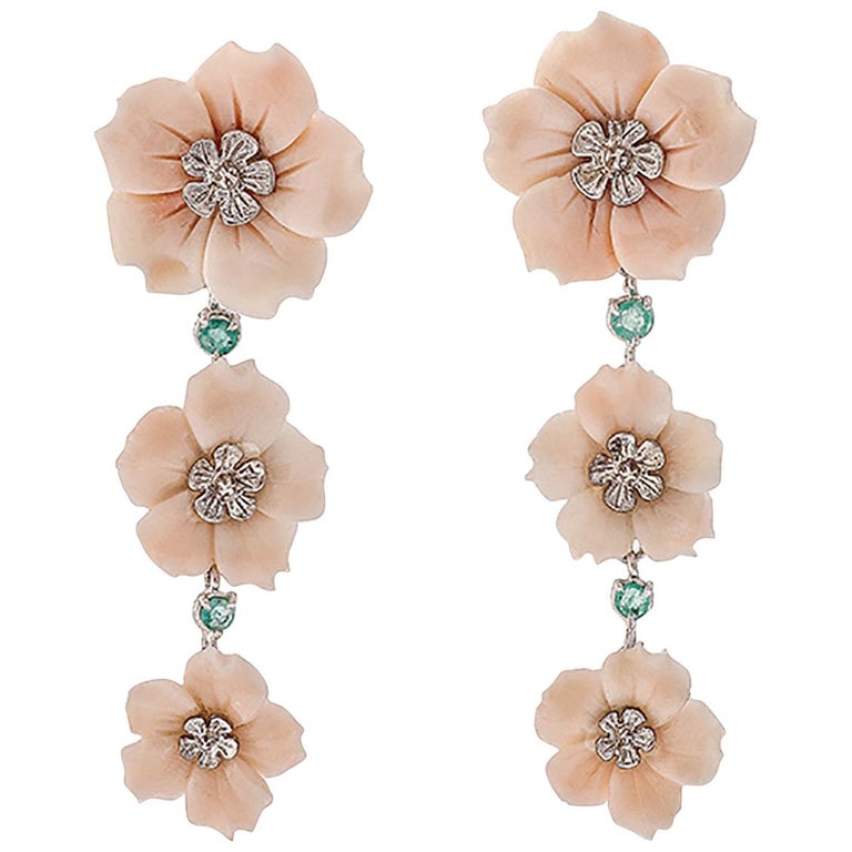 Flower Pink Coral, Emeralds White Gold Dangle Earrings at 1stDibs