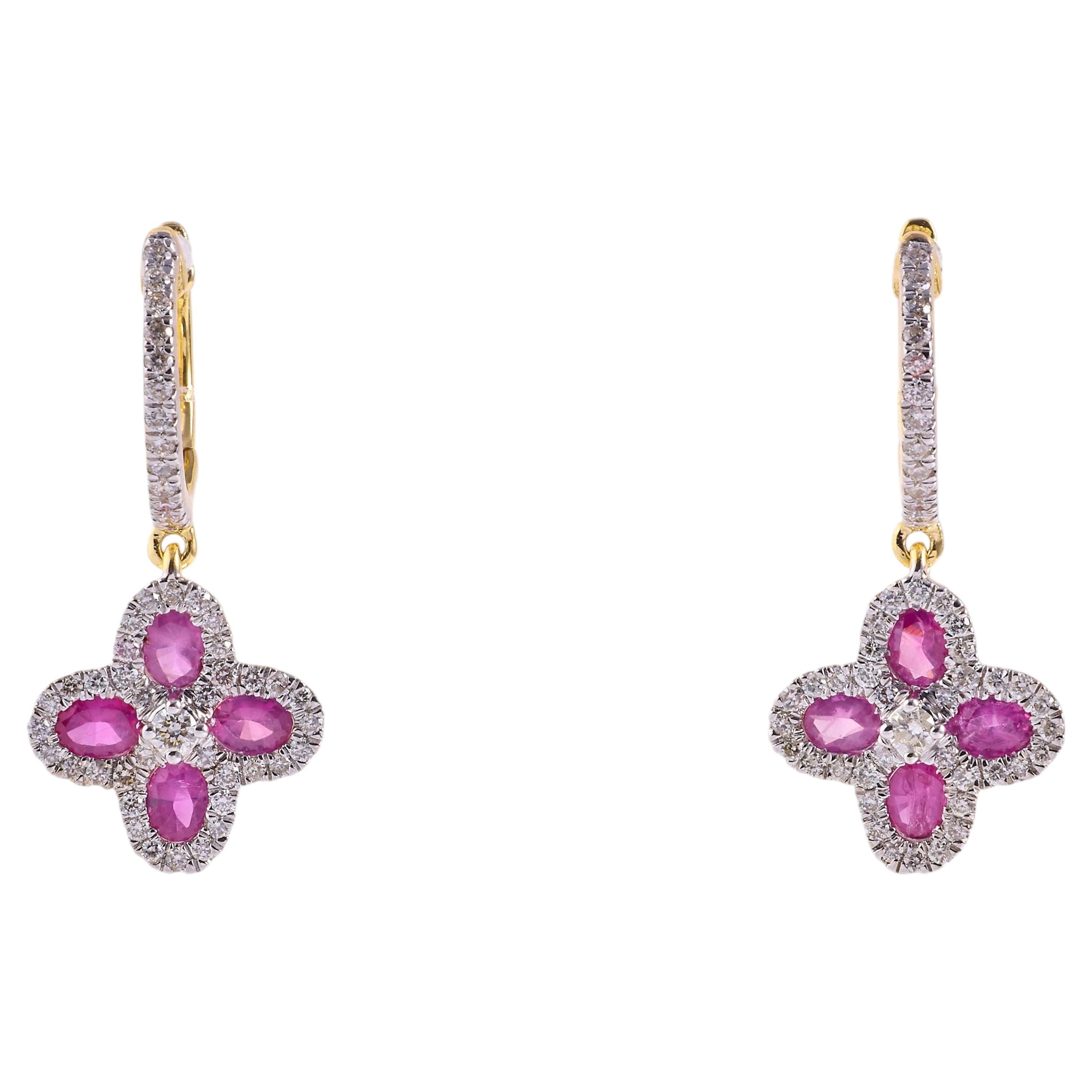 Flower Pink Sapphire & Diamond Huggie Drop Earring in 14k Solid Gold (Certified)