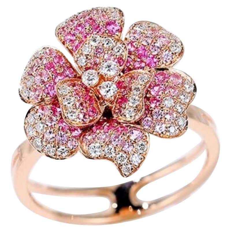 Blue Sapphires Diamonds Gold Flower Ring For Sale at 1stDibs