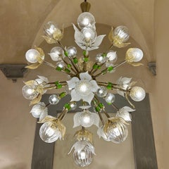 "Flower Power" Brass Sputnik Chandelier w/ Murano Art Glass Boules and Petals