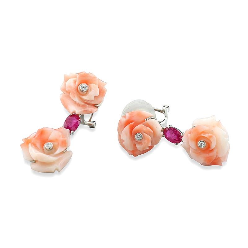 Contemporary Flower Power Earrings Coral Roses, Rubies, and Diamonds in 18 Karat White Gold