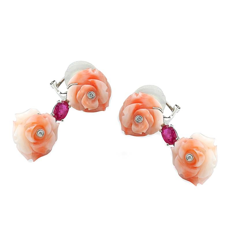 Brilliant Cut Flower Power Earrings Coral Roses, Rubies, and Diamonds in 18 Karat White Gold
