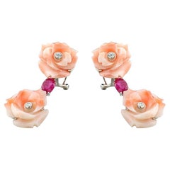 Flower Power Earrings Coral Roses, Rubies, and Diamonds in 18 Karat White Gold