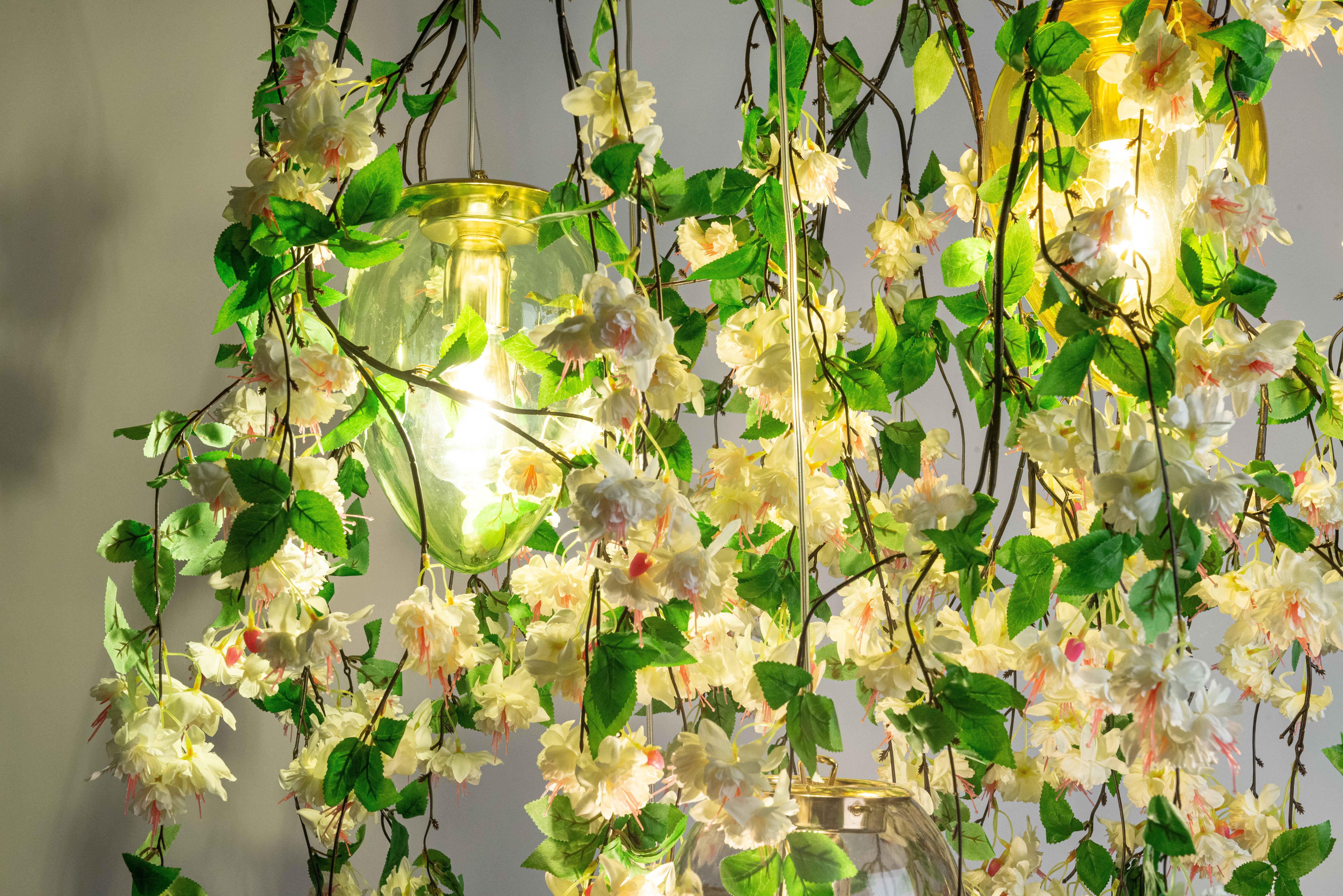 Hand-Crafted Flower Power Fuchsia Cascade Cream + Crystal Egg Lamps Chandelier, Venice, Italy For Sale