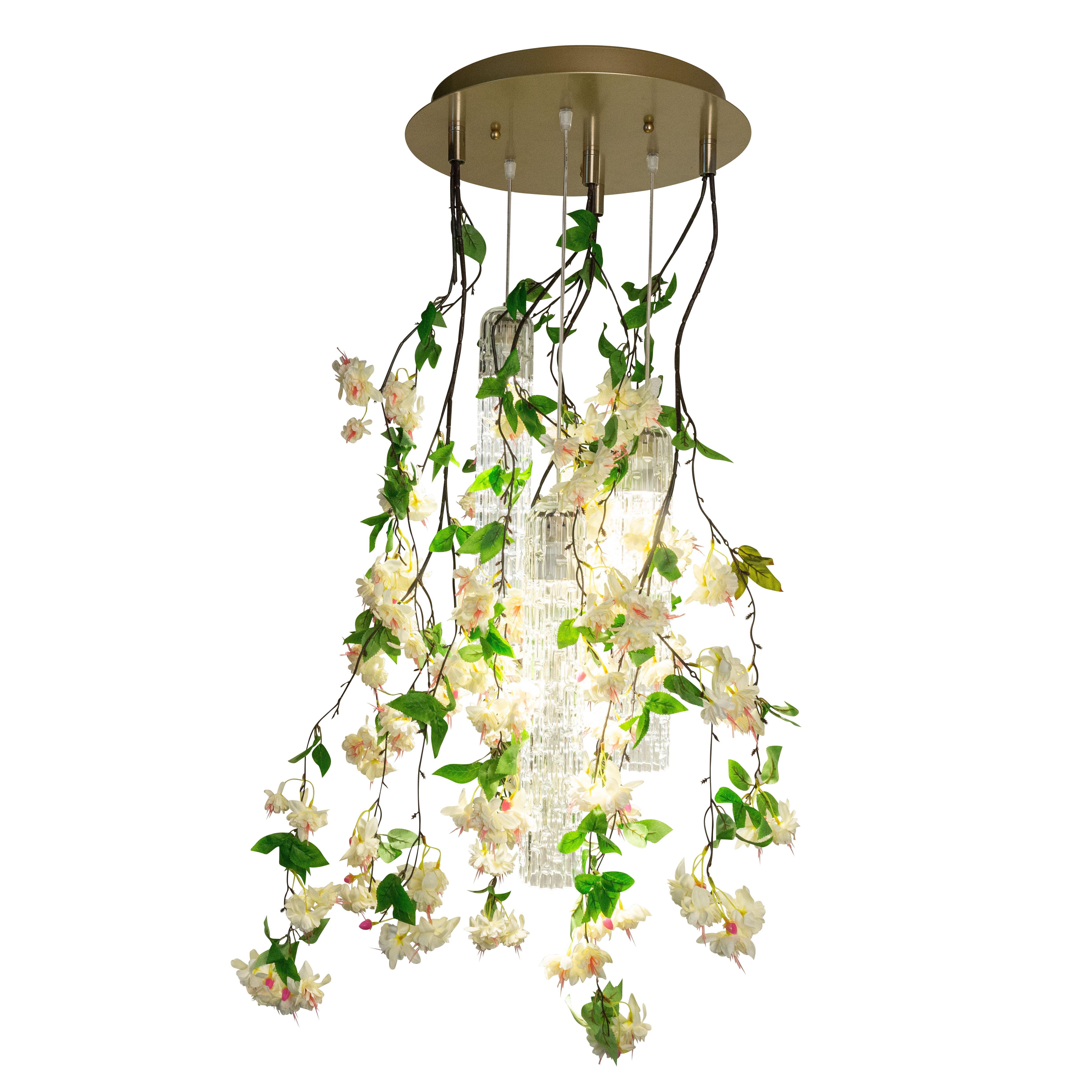 Flower Power Fuchsia Cascade Cream Small Round Chandelier, Venice, Italy For Sale