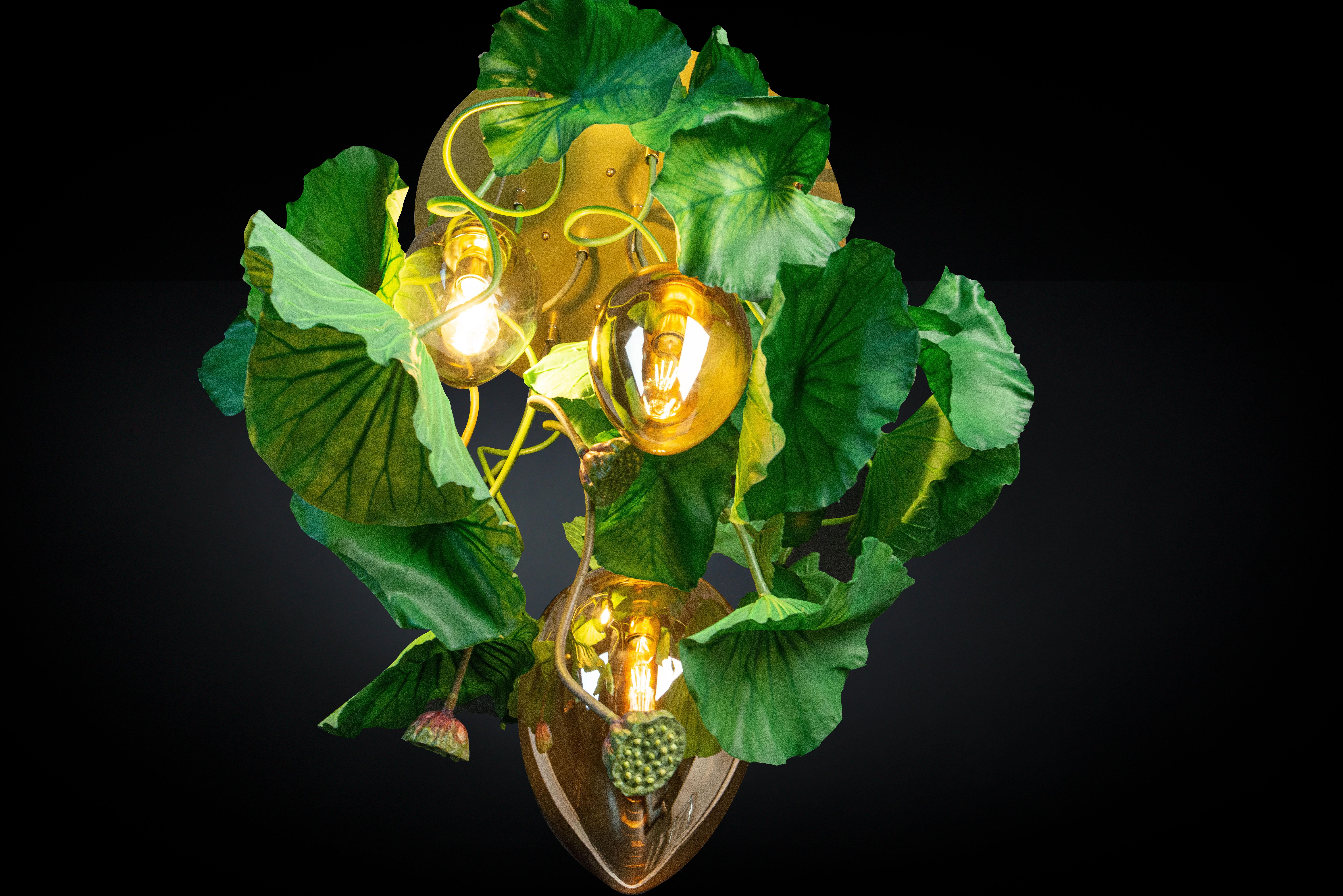 Italian Flower Power Lotus Dichondra + Crystal Egg Lamps Chandelier, Venice, Italy For Sale