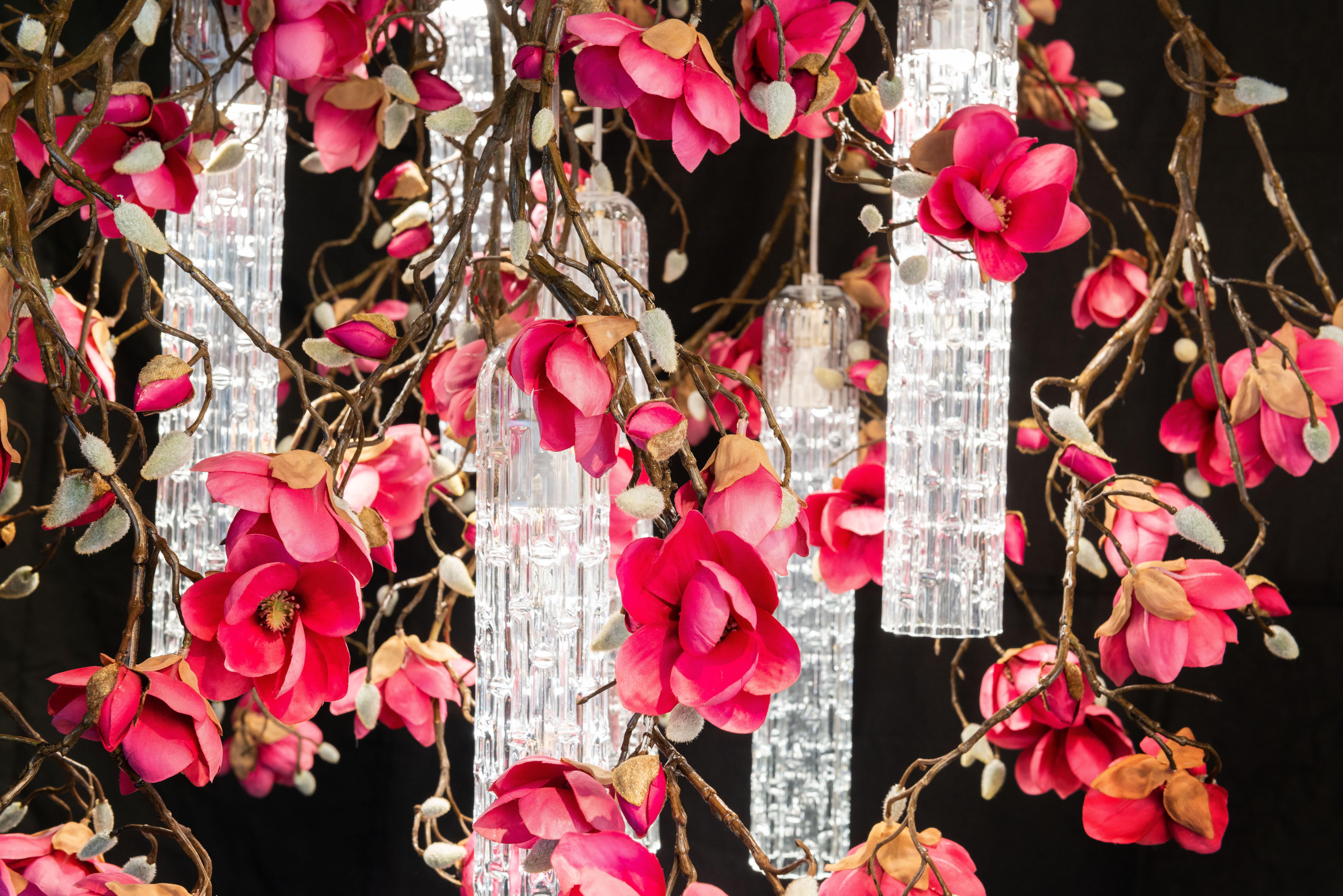 Flower Power Magnolia Fuchsia & Clear Pipes Big Round Chandelier, Venice, Italy For Sale 2
