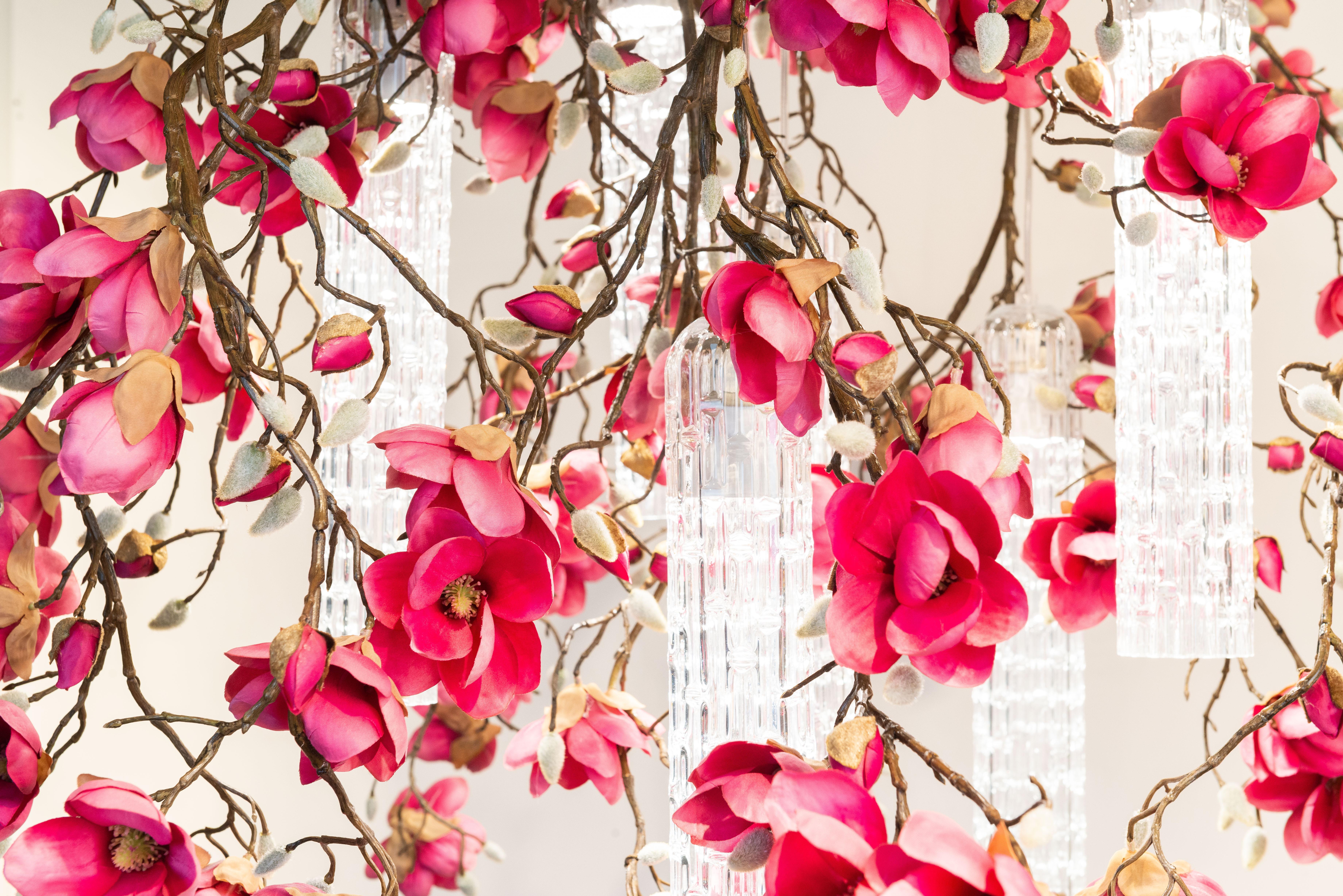 Modern Flower Power Magnolia Fuchsia & Clear Pipes Big Round Chandelier, Venice, Italy For Sale