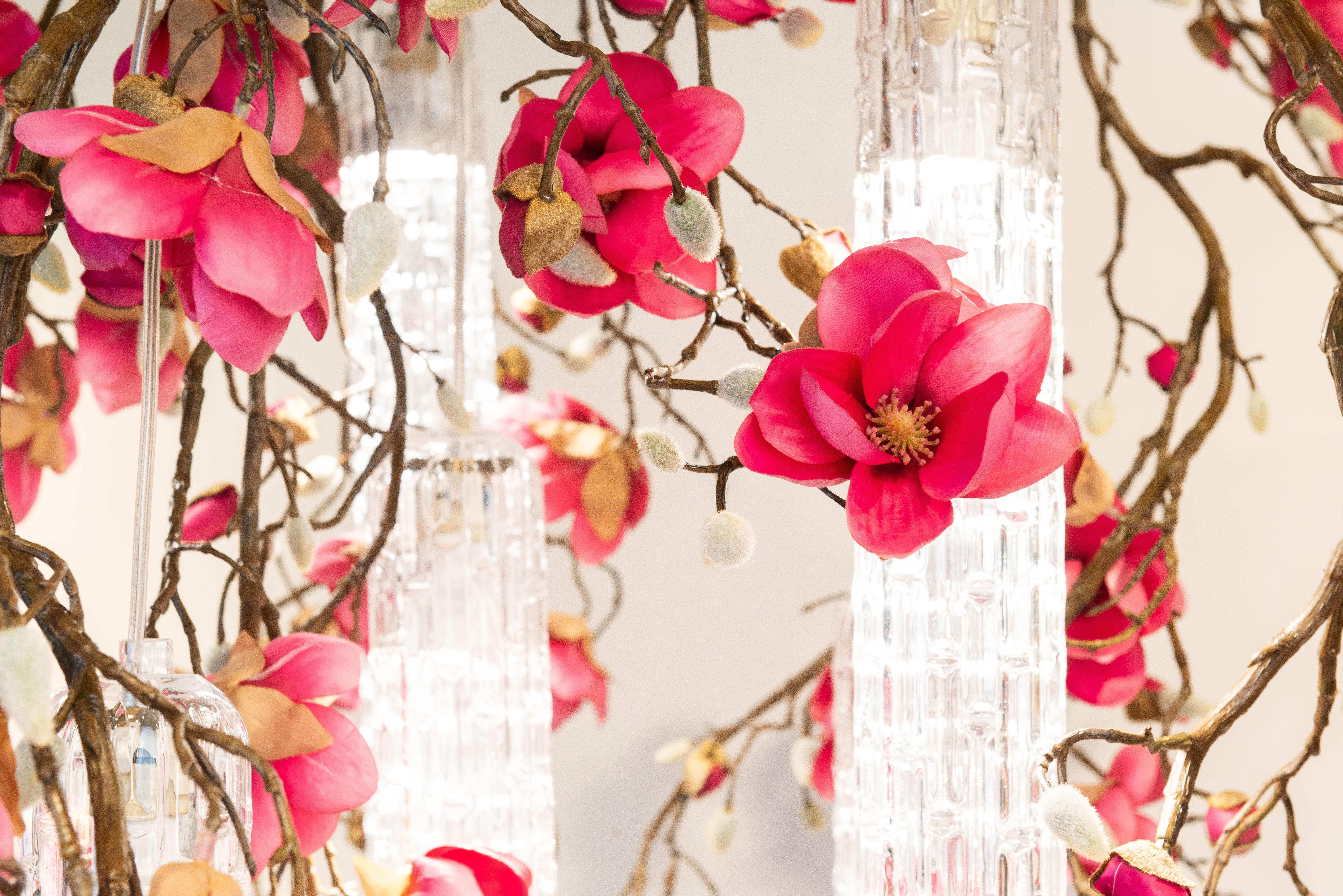 Hand-Crafted Flower Power Magnolia Fuchsia & Clear Pipes Big Round Chandelier, Venice, Italy For Sale