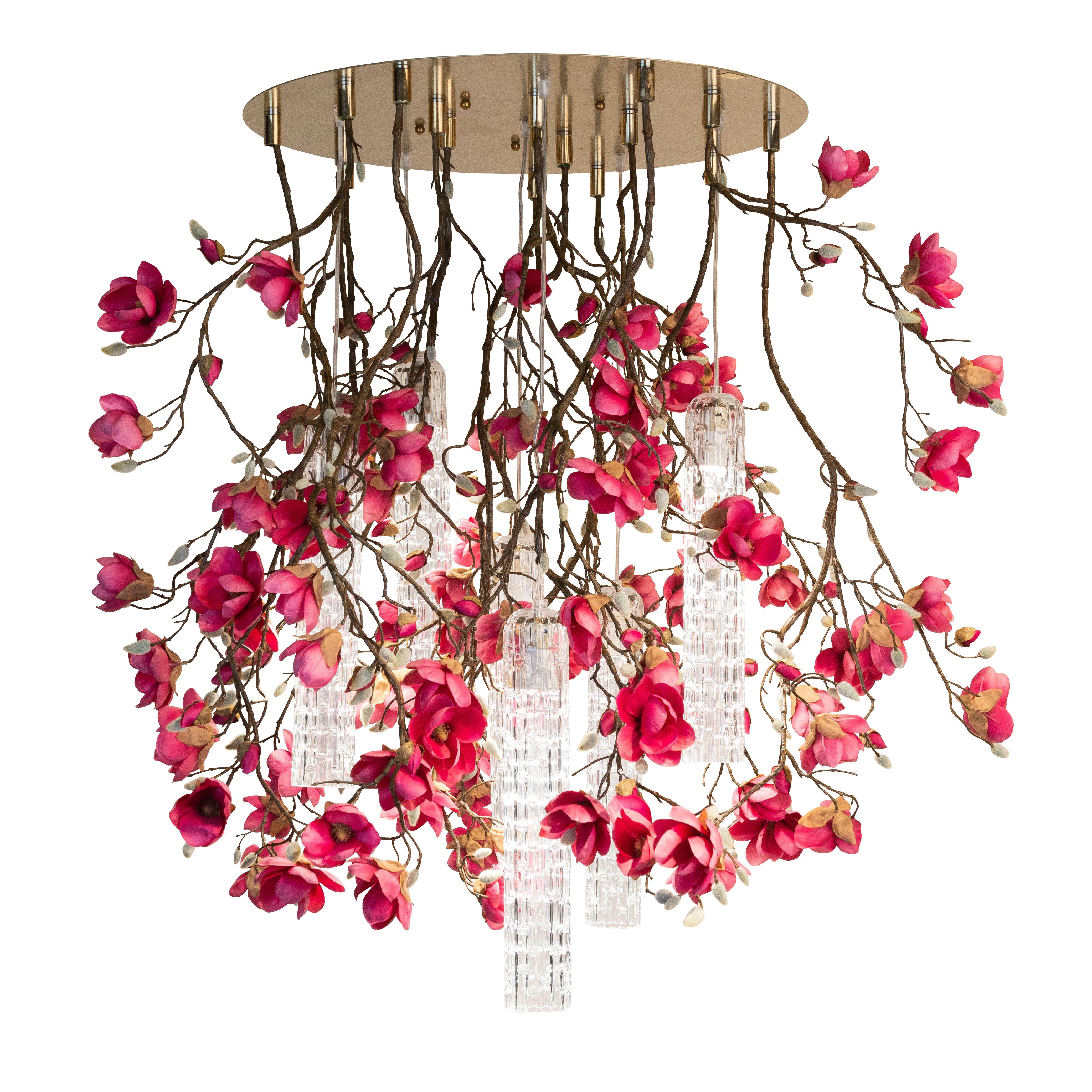 Flower Power Magnolia Fuchsia & Clear Pipes Big Round Chandelier, Venice, Italy For Sale