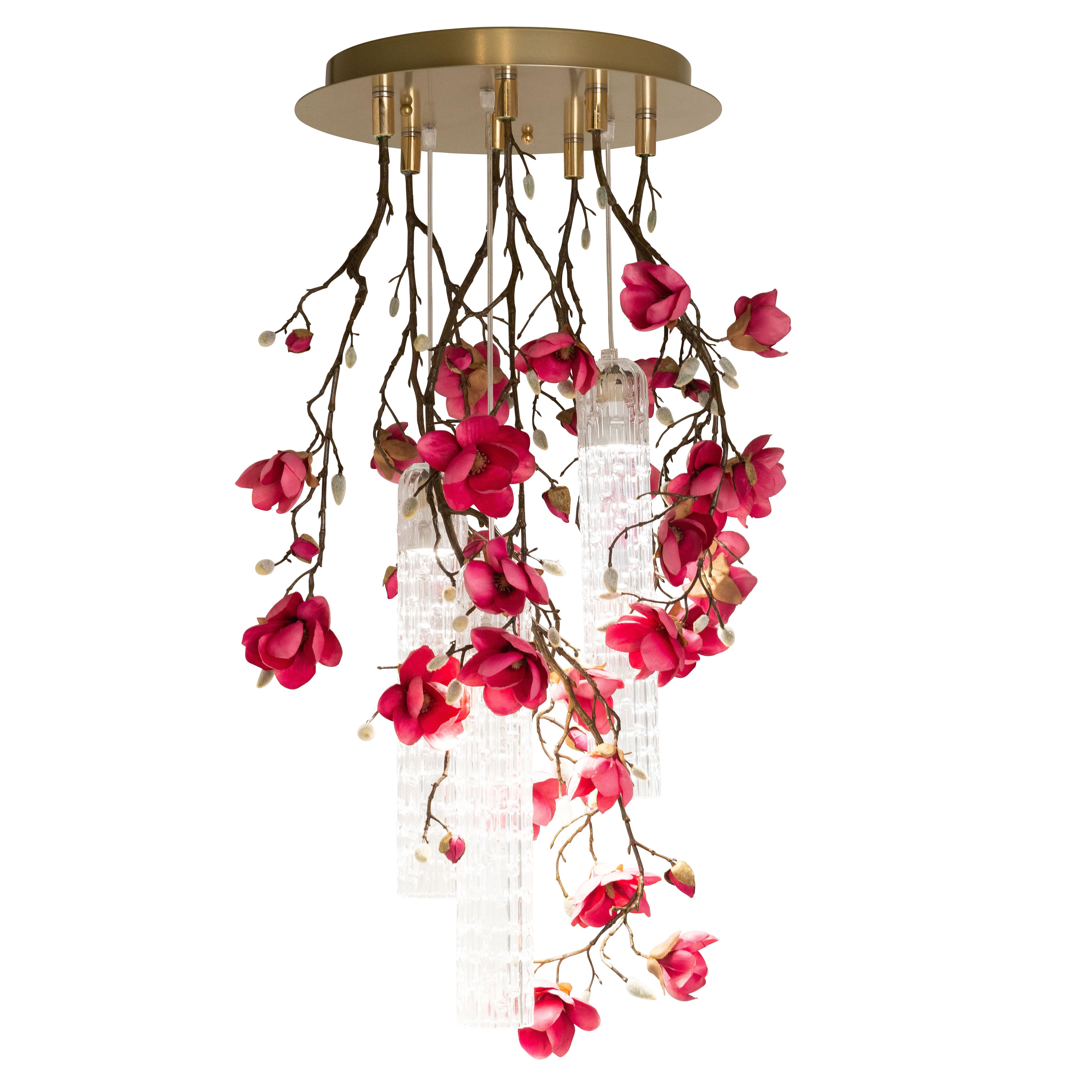 Flower Power Magnolia Fuchsia & Clear Pipes Small Round Chandelier, Italy For Sale