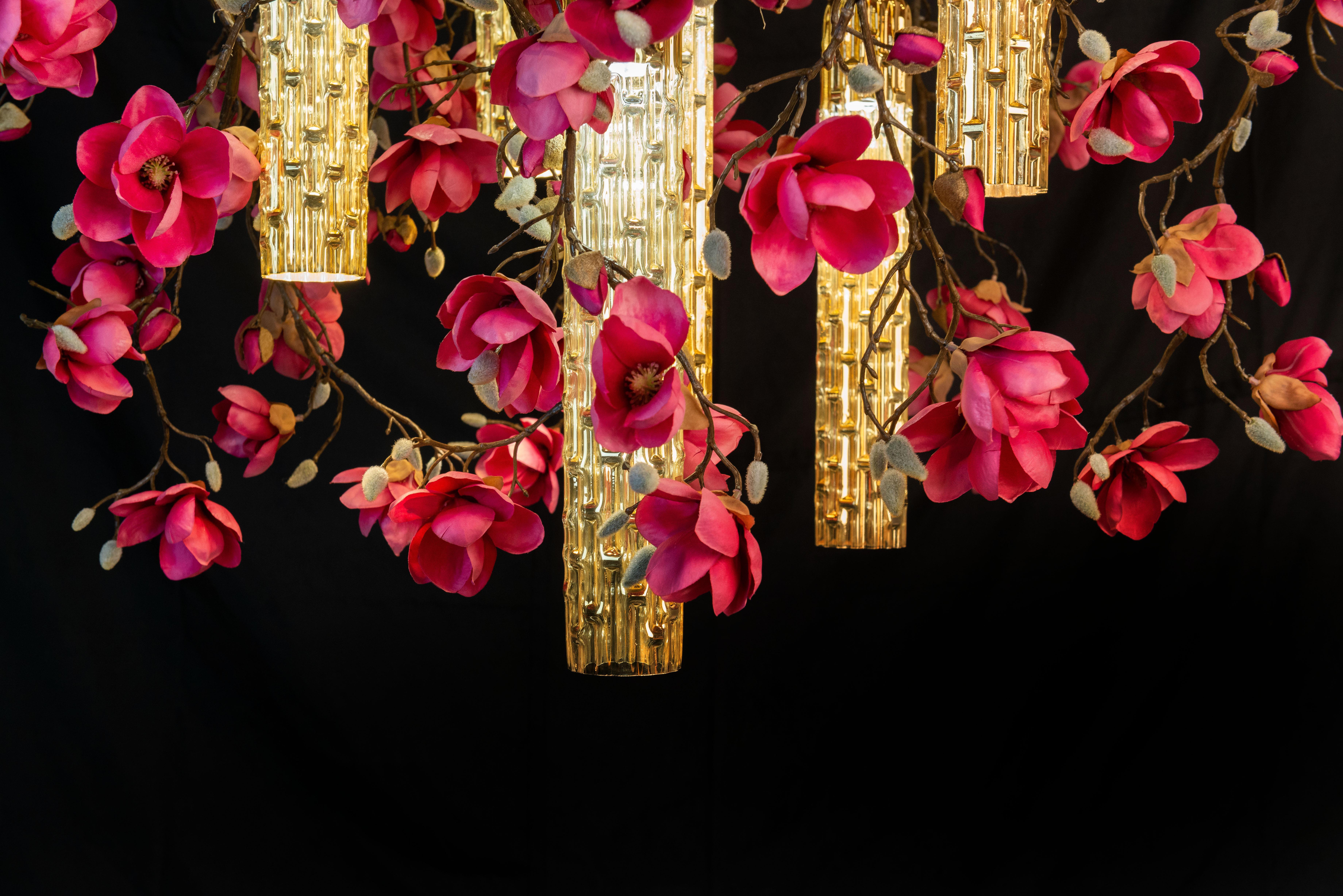 Modern Flower Power Magnolia Fuchsia & Gold Pipes Round Chandelier, Venice, Italy For Sale