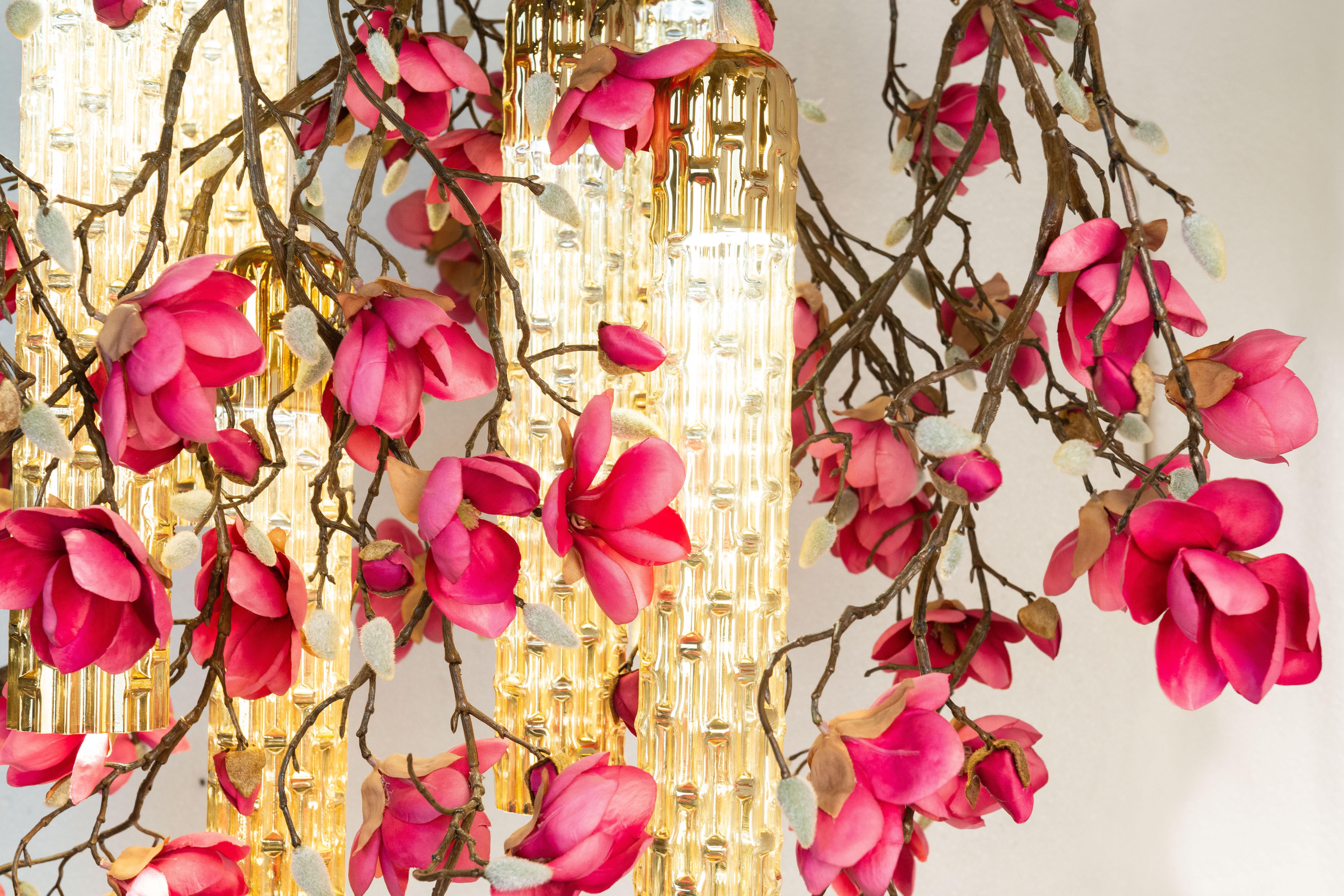 Modern Flower Power Magnolia Fuchsia & Gold Pipes Square Chandelier, Venice, Italy For Sale