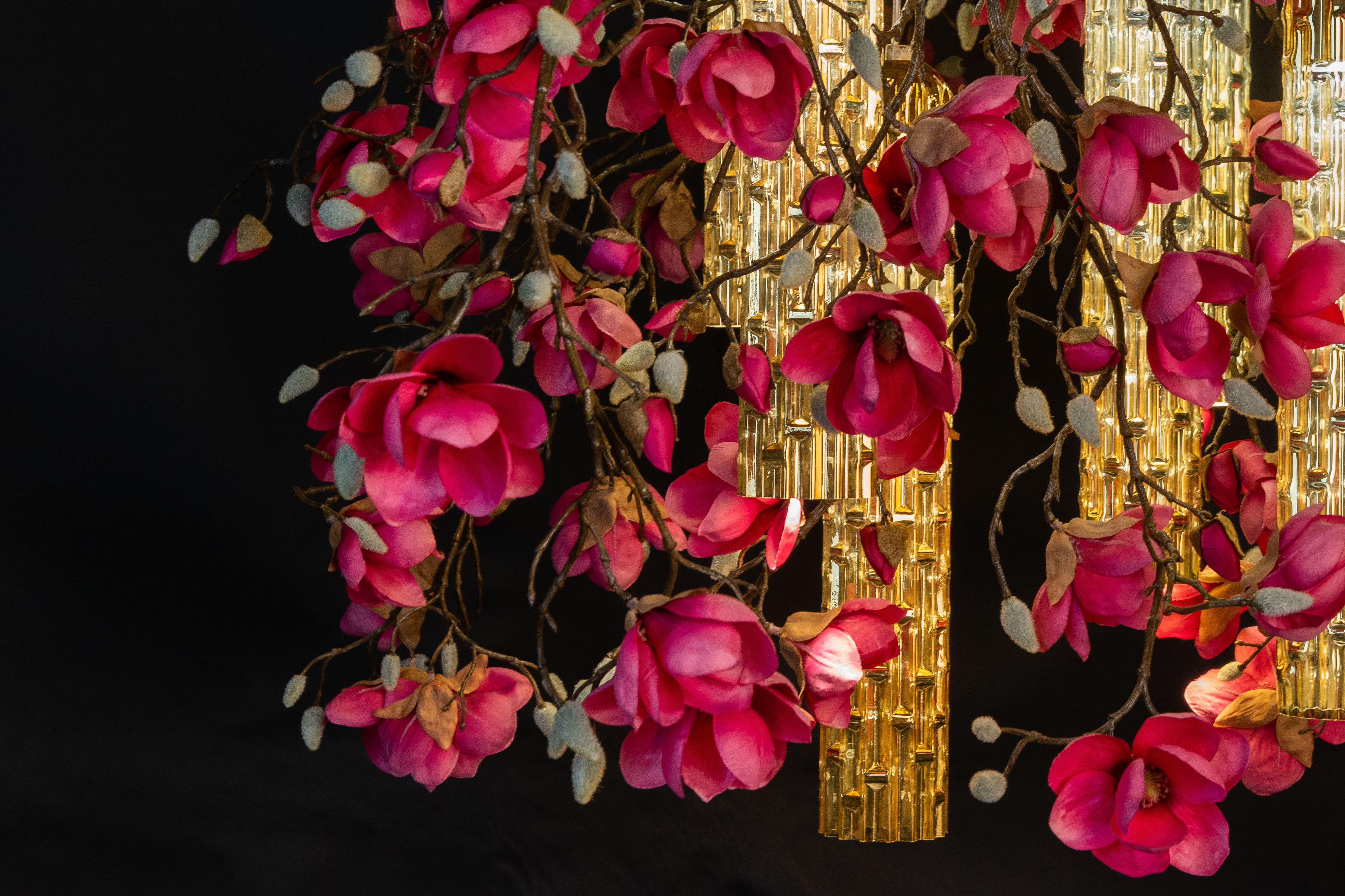 Italian Flower Power Magnolia Fuchsia & Gold Pipes Square Chandelier, Venice, Italy For Sale